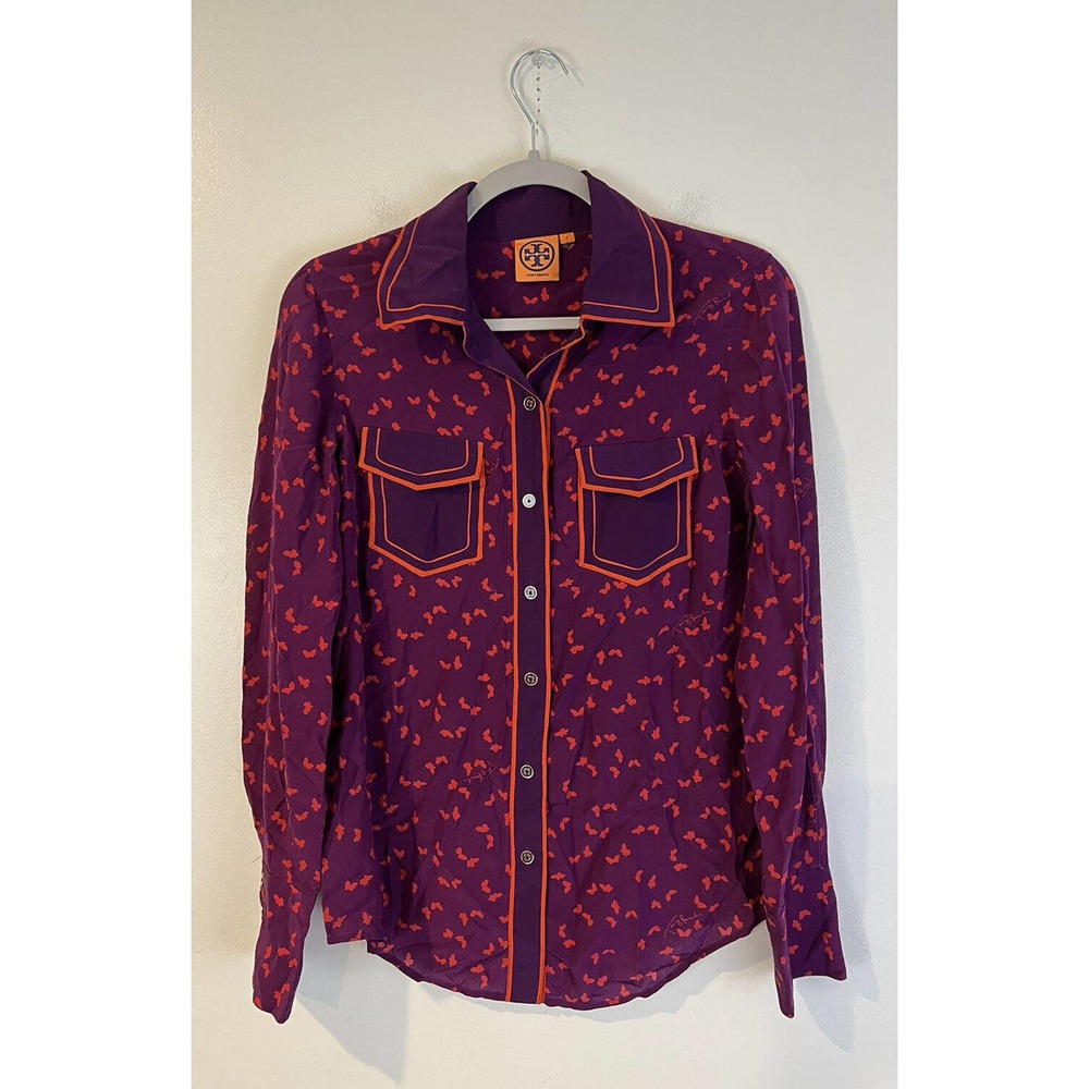 Tory Burch 100% Silk Fuchsia And Red Butterfly Button Down Shirt Size Small